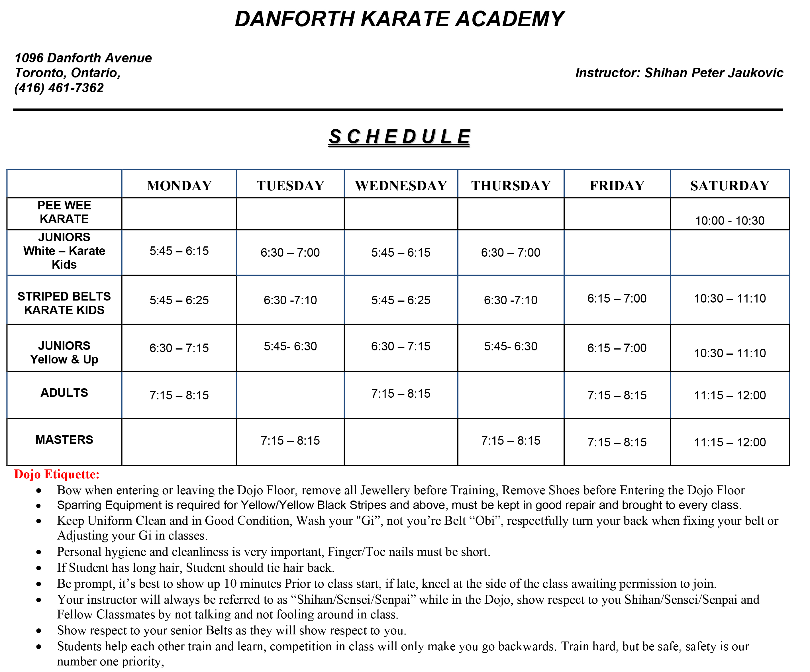 Danforth Karate Schedule