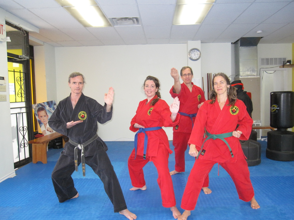 Adults practicing karate in a class
